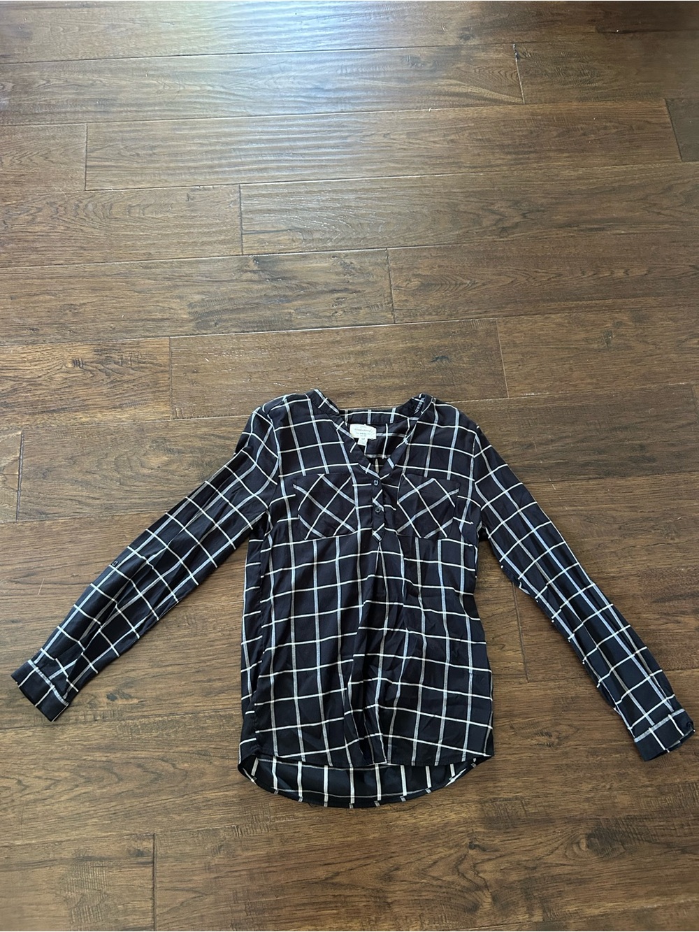 Black Windowpane Long-Sleeve Button Henley Top